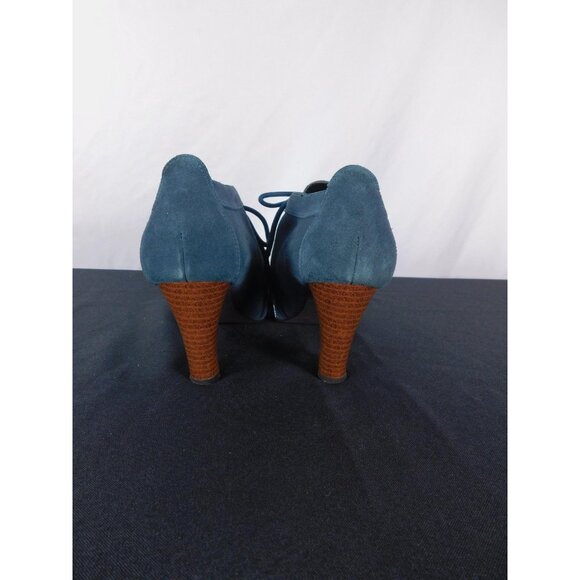 Newport News Teal Blue Suede Lace-Up Ankle Booties 9 - Stacked Heel - Excellent - Picture 2 of 7